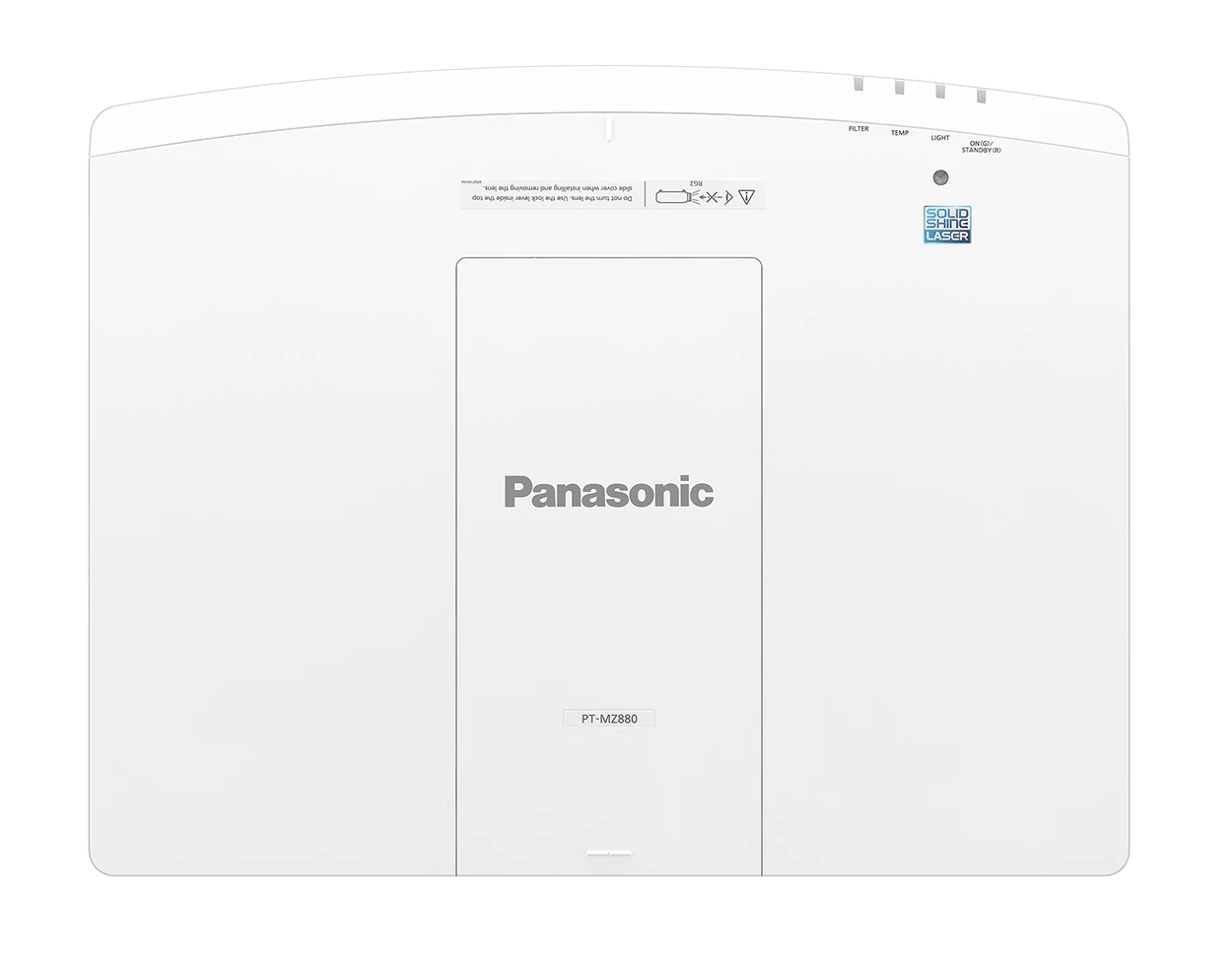 This image shows the Panasonic PT-MZ880W projector. The camera shows the projector from above.