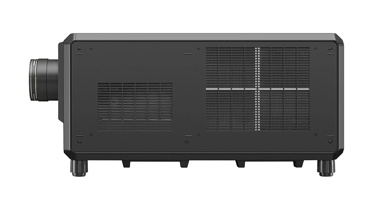 Dieses Bild zeigt den Projektor Panasonic PT-RQ35K2. Die Kamera zeigt den Projektor von rechts.