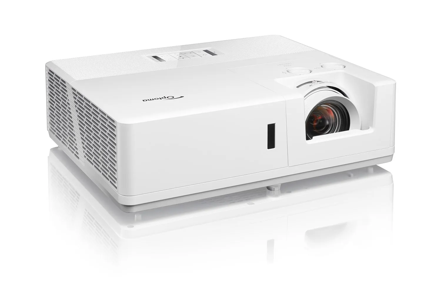 Dieses Bild zeigt den Projektor Optoma ZU707T. Die Kamera zeigt den Projektor von oben links.