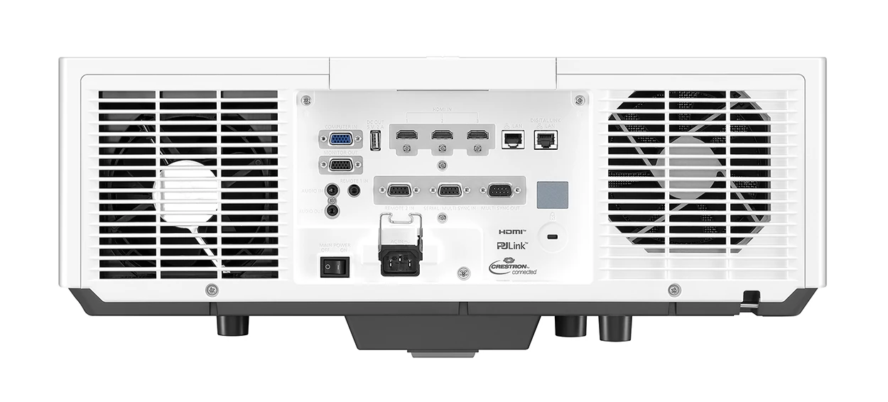 This image shows the Panasonic PT-MZ880W projector. The various connections are visible.