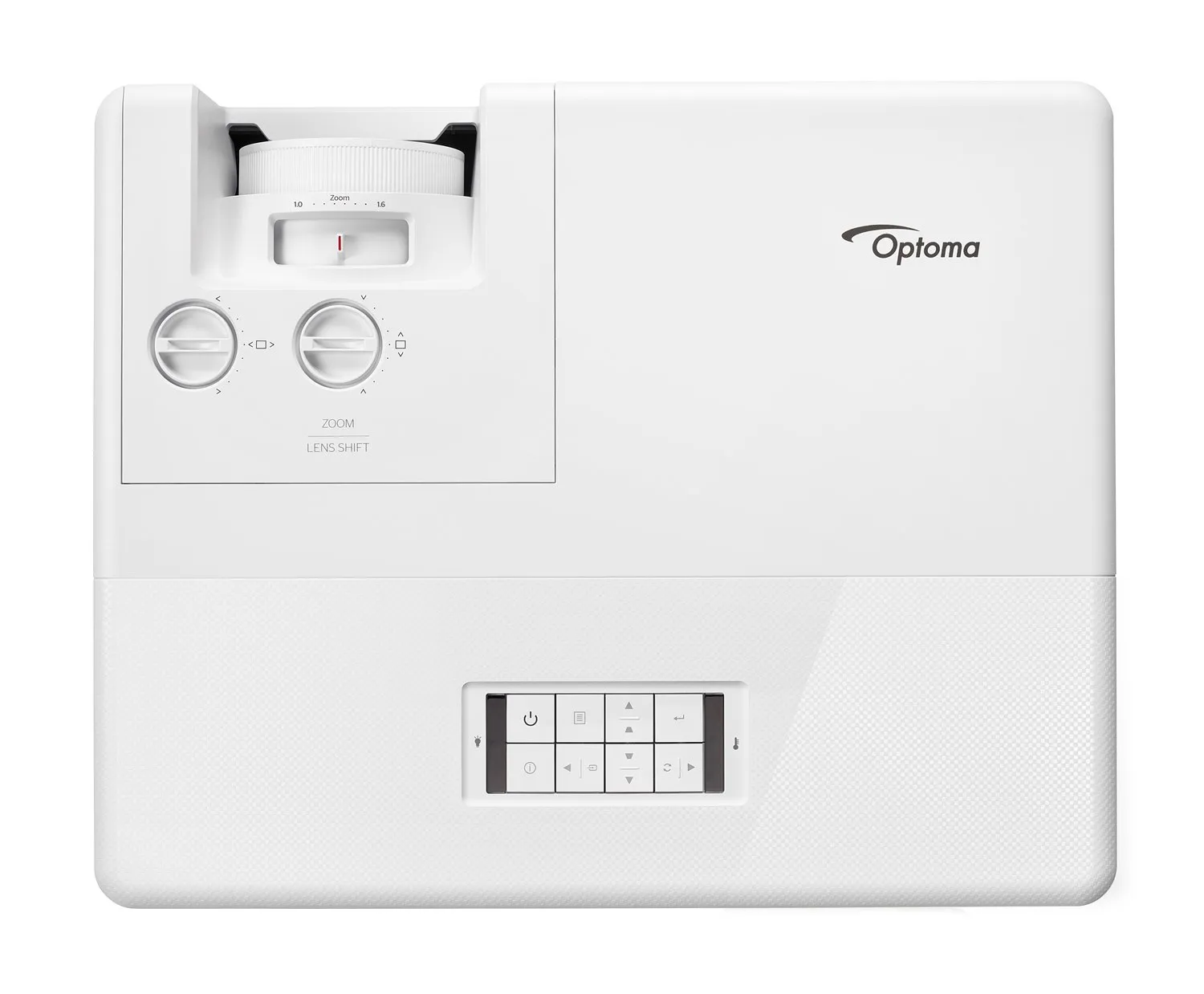 Dieses Bild zeigt den Projektor Optoma ZU707T. Die Kamera zeigt den Projektor von oben.