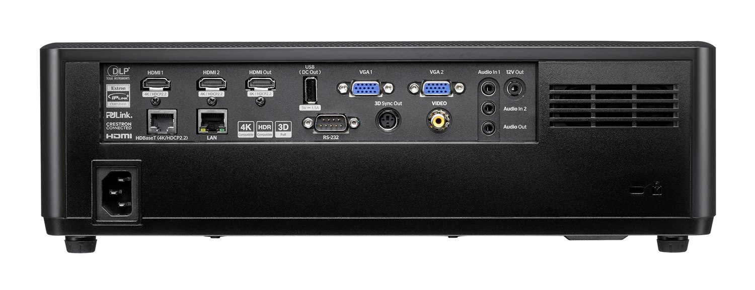 Dieses Bild zeigt den Projektor Optoma ZU607TST. Im Bild zu sehen sind die vielfältigern Anschlussmöglichkeiten