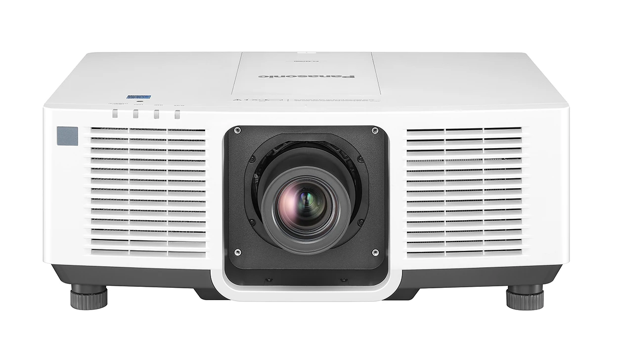 This image shows the Panasonic PT-MZ880W projector. The camera views the projector from above, centered.