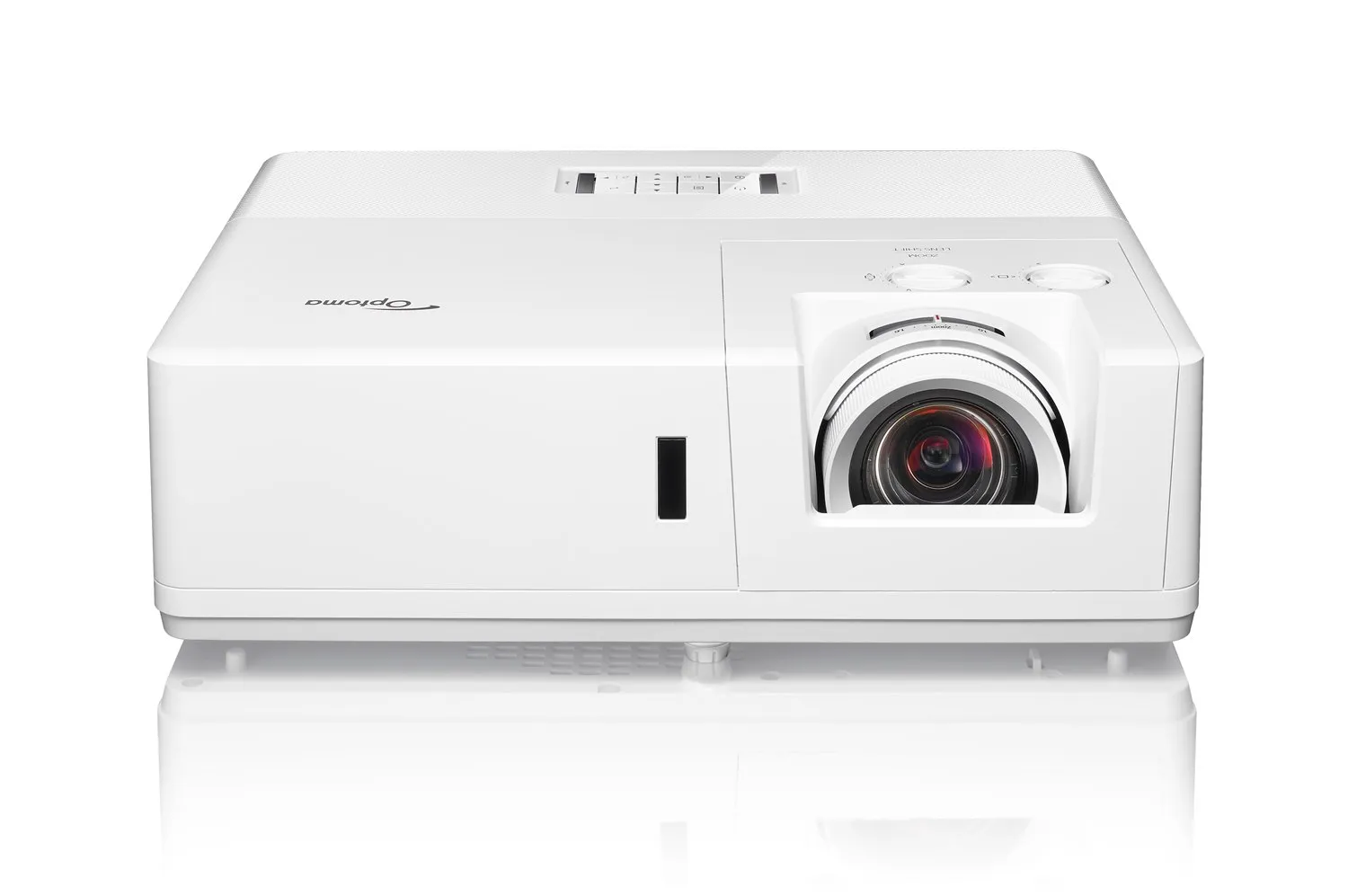 Dieses Bild zeigt den Projektor Optoma ZU707T. Die Kamera zeigt den Projektor von oben mittig.