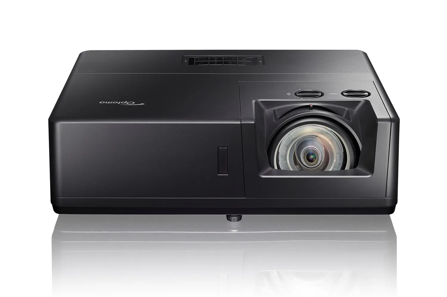 Dieses Bild zeigt den Projektor Optoma ZU607TST. Die Kamera zeigt den Projektor von oben mittig.