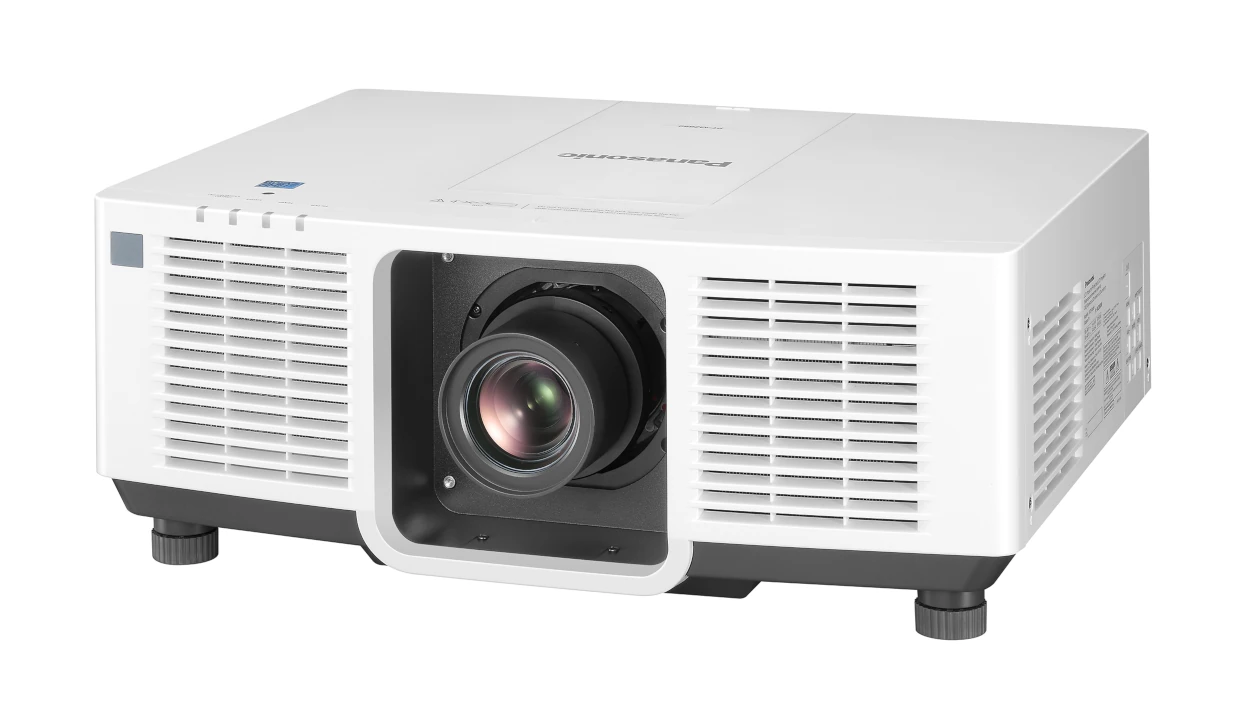 This image shows the Panasonic PT-MZ880W projector. The camera shows the projector from the upper right.